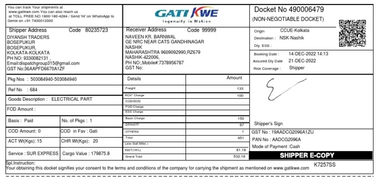 Gati Courier Booking Slip Example showing where to find the Docket Number